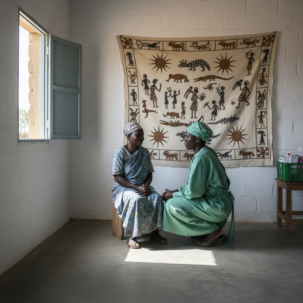 Soignante dans un dispensaire de Korhogo, toile Sénoufo au mur.