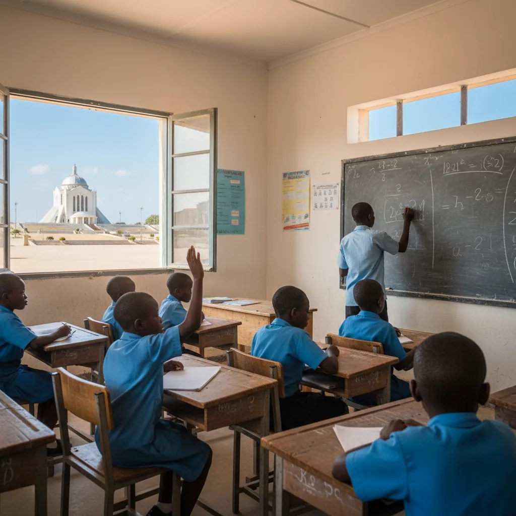 Élèves en uniforme bleu dans une classe à Yamoussoukro.